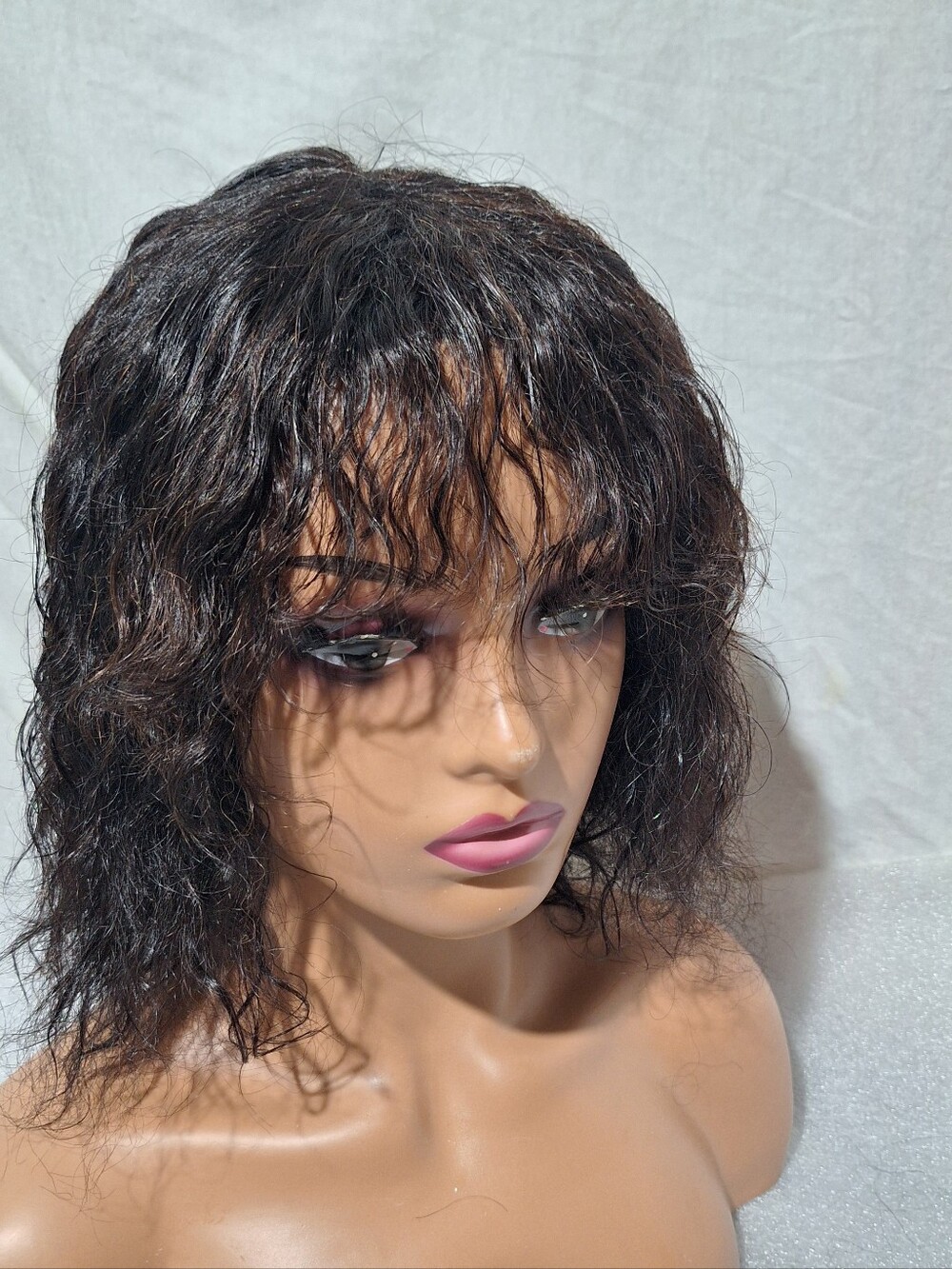 Natural Wavy Short Wig with Bangs - Dark Brown 100 Percent Human Wig